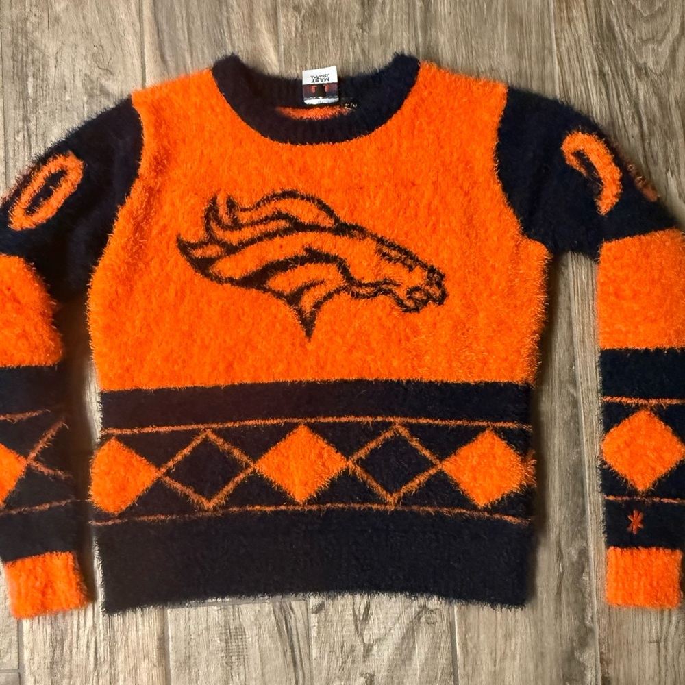 NFL Broncos Football Orange and Blue Crew Neck Sweater with Bronco Design